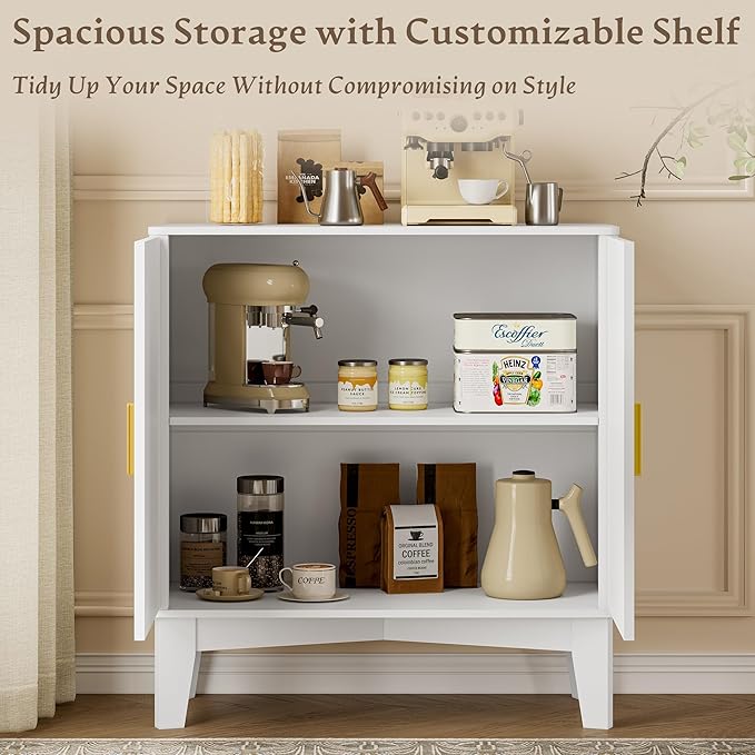 BORNOON Storage Cabinet with Doors and Adjustable Shelf, Modern Fluted Sideboard Buffet Cabinet, Freestanding Coffee Bar for Kitchen, Pantry, Entryway, Living Room (White)