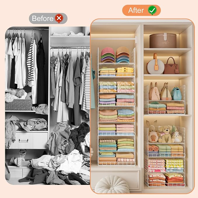 Yuyetuyo Stackable Hanging Closet Organizer, 8 Tier Wire Storage Shelves | Adjustable Detachable Foldable Heavy Duty