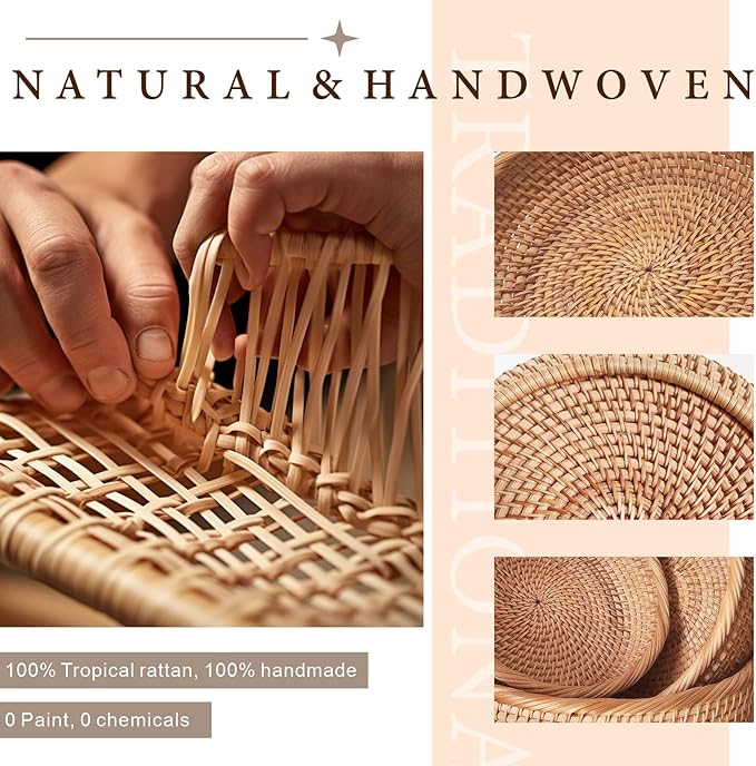 10.2" Large Rattan Wicker Bread Basket, Fruit Basket for Kitchen Counter | Handwoven Natural Food Baskets, Well-Made & Sturdy Bread Baskets for Serving, Versatile for Fruit, Vegetable & More (Round)
