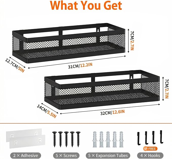 PUSDON Mesh Shower Caddy Wall Mount, Heavy Duty Adhesive Bathroom Shelf Organizer, Rustproof Floating Spice Rack for Kitchen Pantry, Holds 50 LBS, Multi-Purpose Storage Black-2 Packs (Netting)
