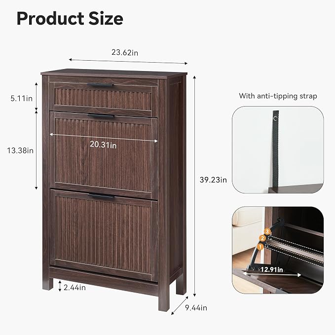 2-Flip Drawer Shoe Cabinet Narrow Entryway Rack, Brown | Vertical Wood Grain, Metal Handles, Adjustable Compartments, Removable Shelf, Anti-Tip Device, for Hallway Foyer Entryway