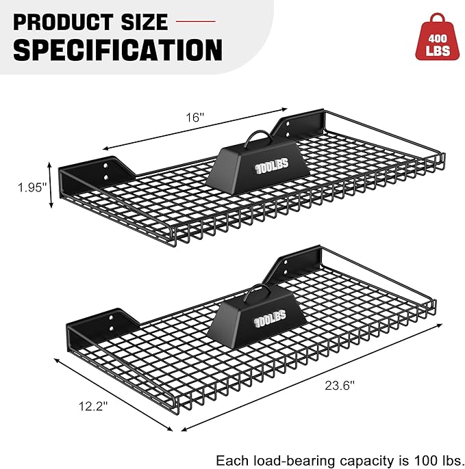 Wall Mounted Storage Shelf for Garage, 4 Pack Metal Shelf Rack, Heavy-Duty Wall Organizer Shelves Suitable for Shop, Shed, Garage 23.5inch x 12inch(Black)