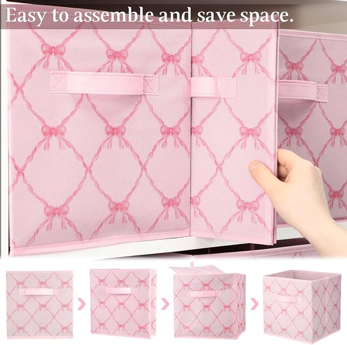 6 Pcs Light Pink Bow Cube Storage Bins 11 Inch Storage Basket with Handle, Preppy Girls Organizer Basket, Collapsible Fabric Box for Classroom Bedrooms Office Home Decoration Gift