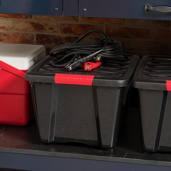 IRIS USA 4-Pack 32 Quart Storage Bins with Lids, Black | Black finish conceals stored items. Great for linens, décor, closet storage, and supplies. Nestable design saves space