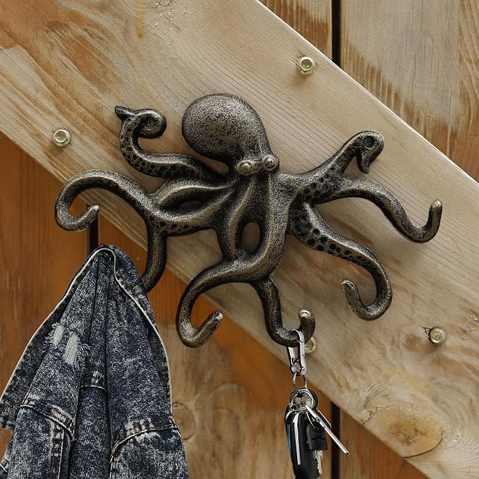 Wall Hooks for Hanging, Iron Octopus Key Holder for Wall, Decorative Hooks 2Pcs - Bronze