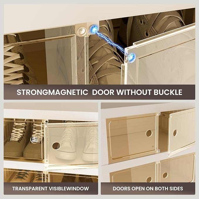 Foldable Shoe Organizer Storage Box Set of 4, Portable Extra Large Folding Shoe Rack for Closet, Shoe Storage Box with Magnetic Transparent Door and Wheels, 9 Layers 18 Grids