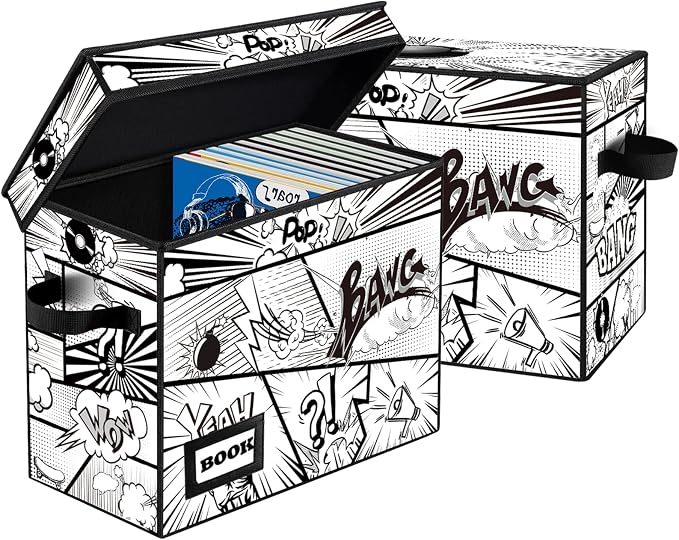 2 Pack Comic Book Storage box, Collection 15.8" X 7.8" X 11.8", Collapsible Holds 160-180 Comic Book Short Box Organizer Container Holder Shelf(Cartoon Bombs)