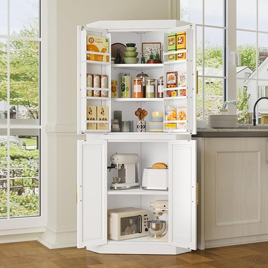 GAIOUS 63" Tall Steel Corner Cabinet, Metal Storage Cabinets with 4 Doors and 3 Shelves, Pantry Cabinets with 6 Door Panel Shelves, Farmhouse Cupboard for Kitchen Dining Room Hallways, White