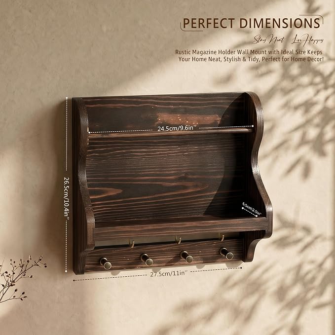 Pine Wood Mail Organizer Wall Mount with 7 Hooks Entryway, Vintage Brown | Mail Holder for Wall, Living Room, Home Office, Magazine Holder for Paper Storage, Home Organization, Apartment Aesthetic