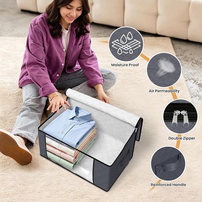Fab totes 35L Closet Organizers and Storage, Foldable Under Bed Storage Containers, Storage bags for Organizing Bedroom, Closet, Clothing,Organization with Handle (6 Pack,Grey)
