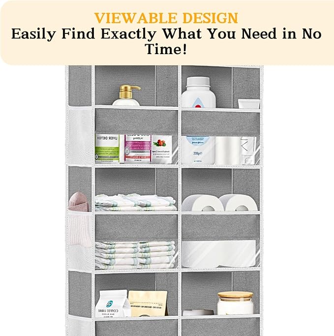 Over The Door Organizer 6 Tiers, Extra Large Behind Door Storage of 12 Compartments, 80 lbs Weight Capacity Hanging Storage Organizer with Clear Window Kids Toys,Shoes,Diapers,Room Storage,Light Grey