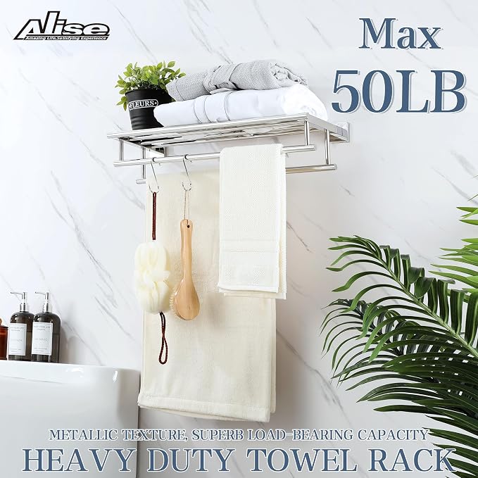 Alise Double Towel Rack for Bathroom Wall Mounted 20 Inch,Polished Chrome | SUS304 Stainless Steel Towel Rack with Shelf,Bathroom Tower Holder Towel Shelf with Double Towel Bars for Lavatory Kitchen