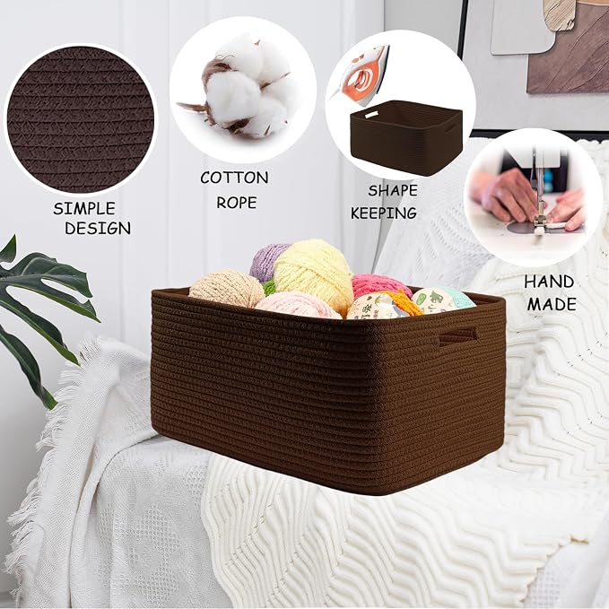 COMFY-HOMI Cotton Rope Woven Basket with Handles for Shelves,Toys,Book, Cloth Storage Baskets Bin for Organizing- 1 PCSToy Decorative Organizer for Living Room, Bathroom 17" x 13" x 7.5"