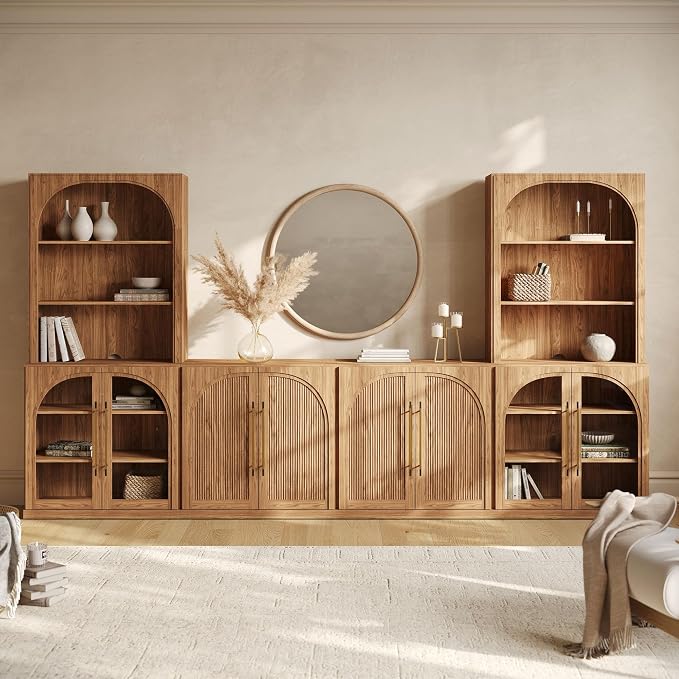 BELLEZE 6-Piece Modular TV Stand Set - 2 Double-Arc Wood Door Sideboards, 2 Arched Glass Door Sideboards, 2 Hutch Cabinets, Classic Modern Media Console with Adjustable Shelves for Living Room, Camel