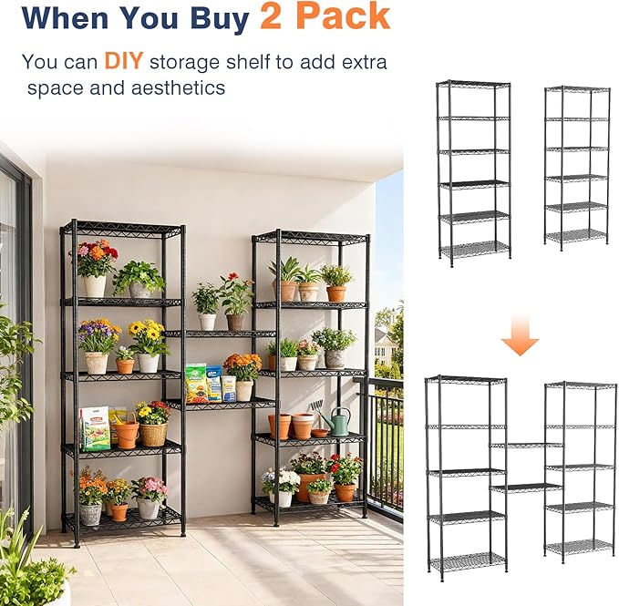 6-Tier Wire Rack Shelving,Metal Shelf Racks with Lockable Wheels, Black | 21.3" Wx11.4 Dx73 H,Height Adjustable Wire Storage Shelves for Narrow Space/Kitchen/Pantry/Laundry/Office/Closet