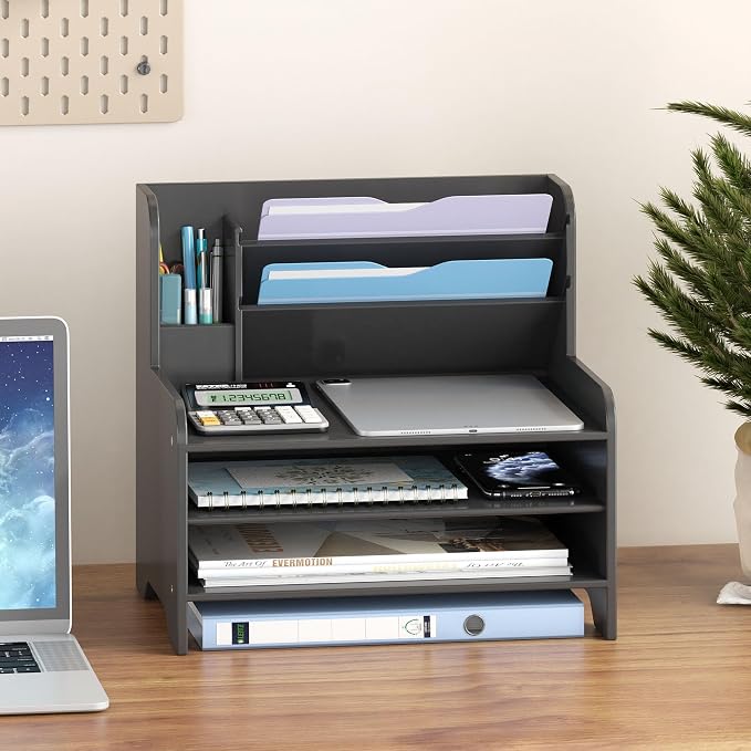 Bamboo File Organizer for Desk, Paper Tray with Pen Holder | Open tiers and a pen holder sort Letter/A4 paper, folders and office supplies while keeping your workspace clutter-free