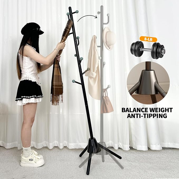 Heavy Duty Anti-Tip Coat Rack with 8LB Stable Weighted Base, [80LB Load Tested] Metal Standing Tree with 8 Hooks, 3-Height Adjustable Space Saving Clothes Organizer for Entryway, Bedroom, Office