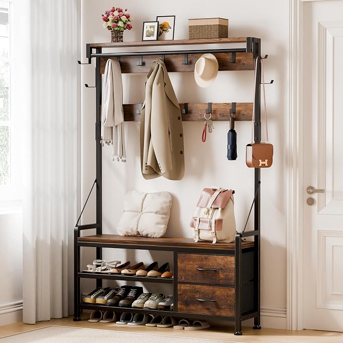 Coat Rack, 39.4” Hall Tree with Shoe Storage Bench, Rustic Brown | 5 in 1 Entryway Furniture Organizer, 21 Hooks, 2 Fabric Drawers, Handy Clothes Rail