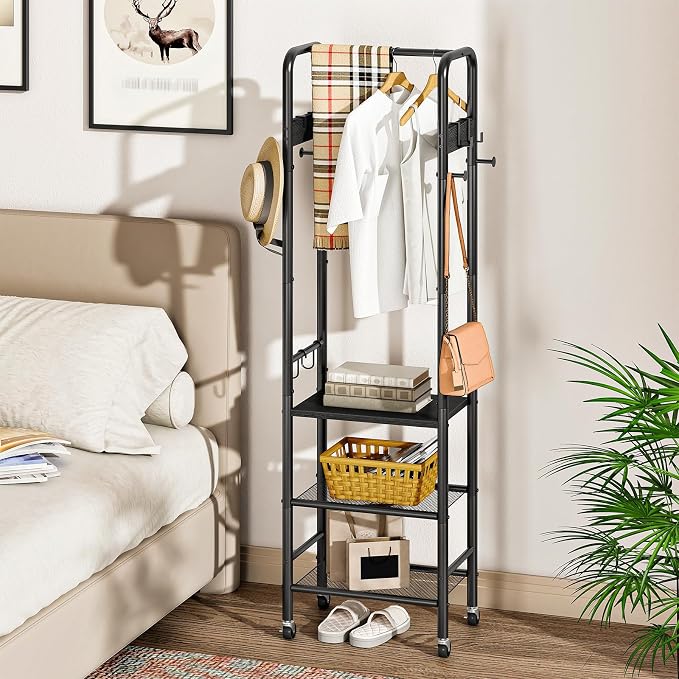 Coat Rack, Freestanding Coat Rack with 3 Shelves, Rolling Garment Rack with Wheels and Hooks, Coat Hanger Stand, Clothes Rack, Hanging Rod, for Entryway, Bedroom, Living Room, Black TYM17BB