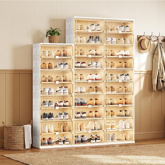 JEKO&JEKO 6 Tiers Foldable Shoe Rack Organizer Cabinet for Closet Entryway, Large Collapsible Shoe Storage Box with Magnetic Doors Fits Up to 24 Pairs (White)
