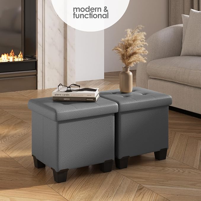 Storage Ottoman Cube with Small Bin, 15-in Square Ottoman with Storage for Living Room and Bedroom, Small Ottomans Foot Rest, Faux Leather Foot Stools Ottomans Max 330lbs, Grey