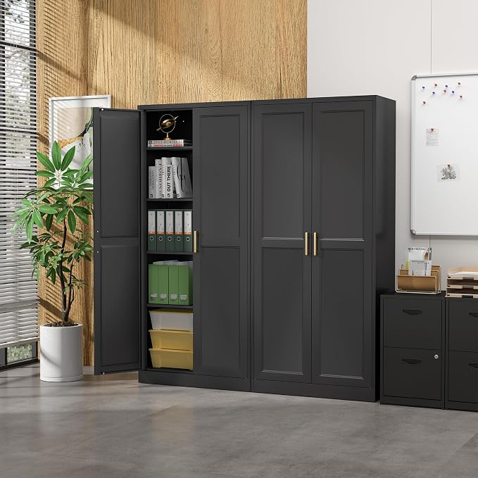 SteeLoong Kitchen Pantry Cabinet,71”Black Metal Pantry Storage Cabinet with Doors and 4 Adjustable Shelves,Kitchen Cabinet with 2 Gold Handles,Tall Cabinet for Livingroom,Pantry, Bathroom