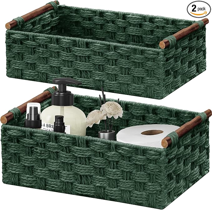 Vagusicc Wicker Storage Basket, Set of 2 Hand-Woven Paper Rope Wicker Basket for Organizing with Handle Decorative Storage Bins for Counter Pantry Shelves Toilet Paper Basket for Toilet Tank Top,Green
