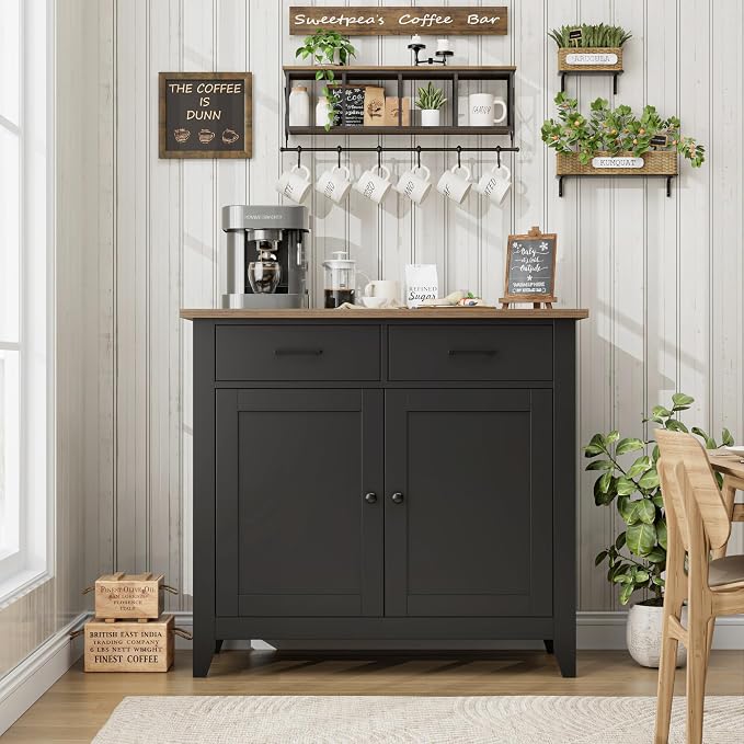 HORSTORS Farmhouse Kitchen Storage Cabinet, Small Buffet, Coffee Bar, Black