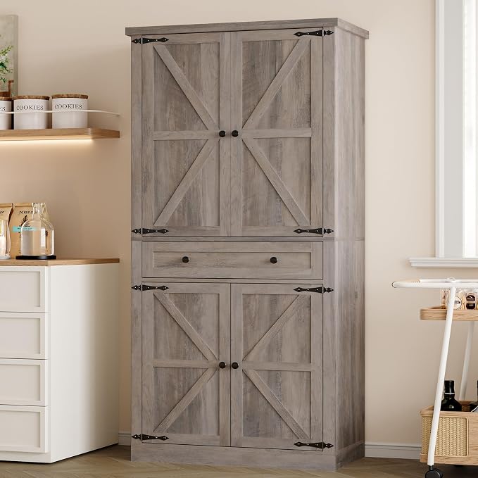 BORNOON Pantry Organizers and Storage Cabinet, 67.7” Barn Door White Kitchen Cabinet with Drawers and Adjustable Shelf, Tall Pantry for Kitchen, Dining Room, Living Room Bedroom