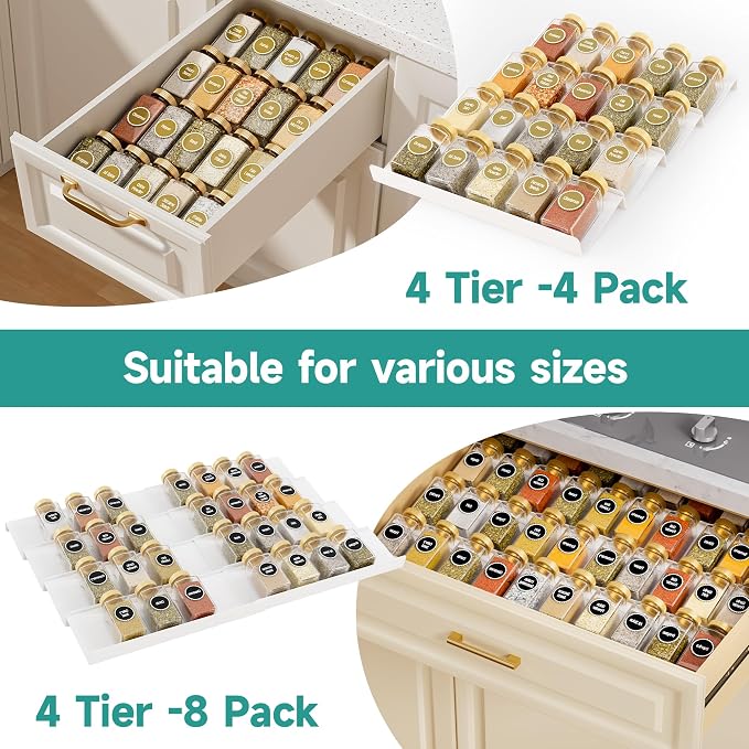 MIUKAA White Spice Drawer Organizer, 4 Tier - 8 Pack Seasoning Organizer for Drawer, Expandable From 13" to 26" Kitchen Drawer Spice Rack (Jars not Included)