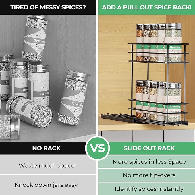 Mystozer Pull Out Spice Rack Organizer for Cabinet, Slide Out Spice Racks, Easy to Install Spice Cabinet Organizer, 2.5" Wx10.43 Dx8.26 H, 1 Drawer 2 Tiers（Black）