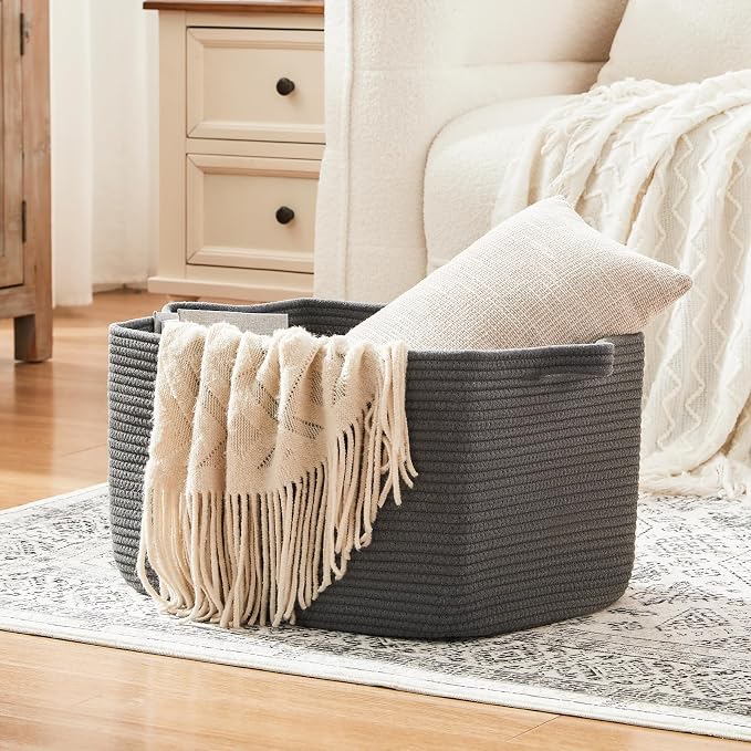 OIASKET Large Toy Basket, Rectangle Woven Rope Storage Basket for Blankets, Dirty Clothes, Shoes, Nursery Organizer Bins (Dark Grey)