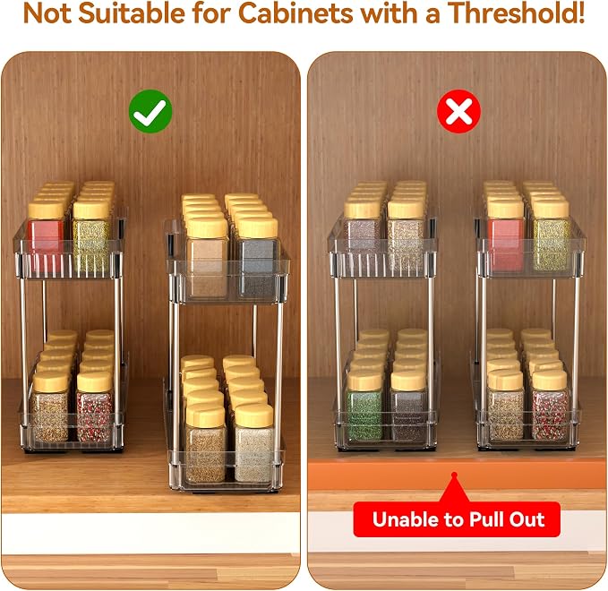 DABIGE 2 Pack Pull Out Spice Rack Organizer for Cabinet, 2 Tier Slide Out Spice Racks Organizer, Spice Cabinet Organizers, Cabinet Size Need:12'' High x 11'' Deep x 5'' Wide, Clear Acrylic