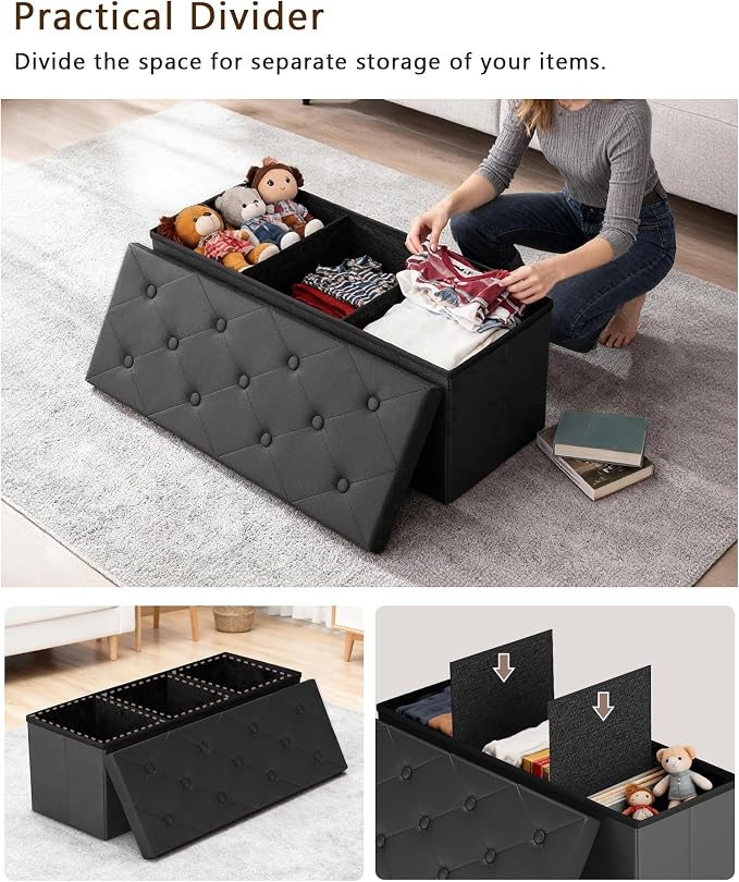 GLAXYFUR 43" Storage Ottoman Bench, Folding Ottoman with 2 Dividers, Black | End of Bed Bench, PU Leather Foot Rest, Storage Chest for Living Room, Bedroom and Entryway