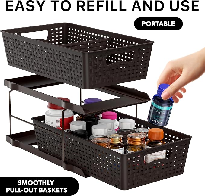 Simple Houseware 2 Tier Pull-Out Sliding Drawer Under Sink Storage, Brown | Great for Kitchen Bathroom Tray Shelf Organizer
