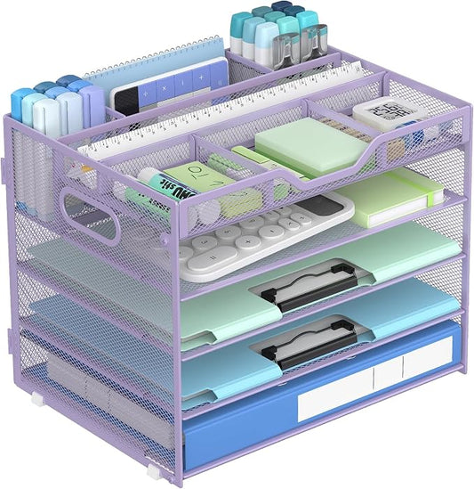 Docnest 5 Tier Mesh Desk Organizer with Removable Tray&Pen Holder, Purple | Features 3 detachable pen holders and 4 removable dividers.Versatile mesh desktop storage for mail, document,office supplie