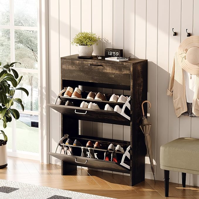 VINGLI Shoe Cabinet Storage for Entryway,Rustic Small Narrow Shoe Rack,25"W | 8–12 Pairs,Skirting Board Cutout,Drop-Down Drawer,9.4"D Slim,Dark Rustic Oak,2 Flip Drawers,Adjustable & Removable Shelf