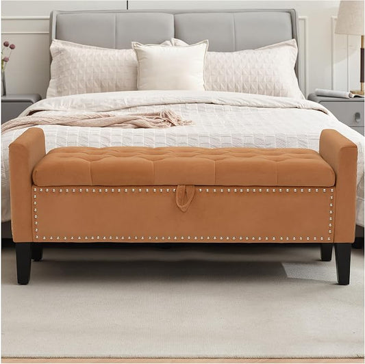 Storage Ottoman Bench, Velvet Upholstered Footstool for Bedroom and Living Room, Frosted Flannel Seat with Storage, Wooden Legs & Metal Rivets, Orange