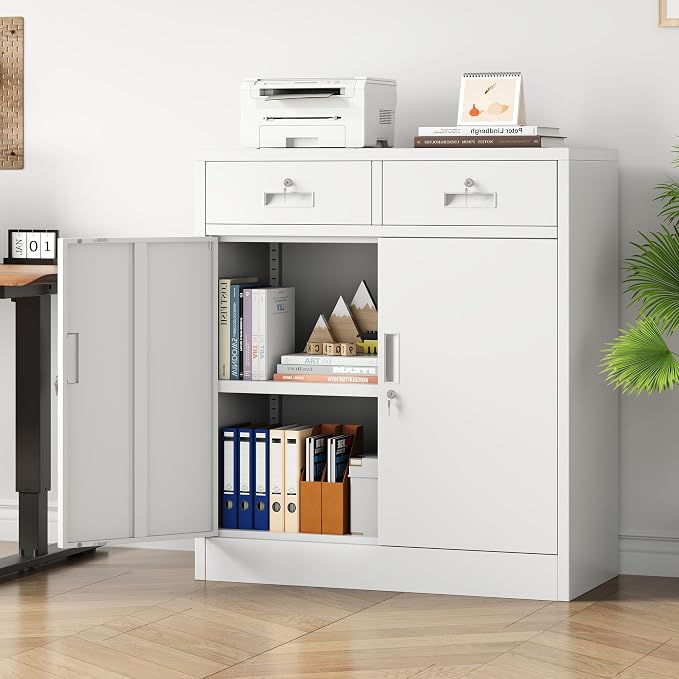 Metal Storage Cabinet, 36" Locking Cabinet with Adjustable Shelves for Garage, Office (White, 2 Drawers)
