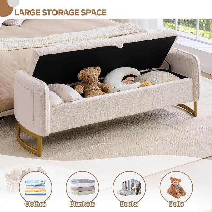 66" End of Bed Bench King Size, Teddy Boucle Storage Bench for Bedroom Foot of Bed, Storage Ottoman Bench with Golden Legs and Pillows for Living Room Window Entryway, White