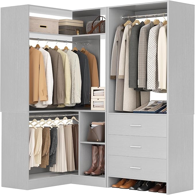 Aheaplus Closet System with 3 Drawers, 2 Hanging Rods & Corner Tower, Corner Closet System with Hanging, L-Shaped Walk-In Wardrobe Organizer, 1300+ lbs Capacity, Set of 2, Grey