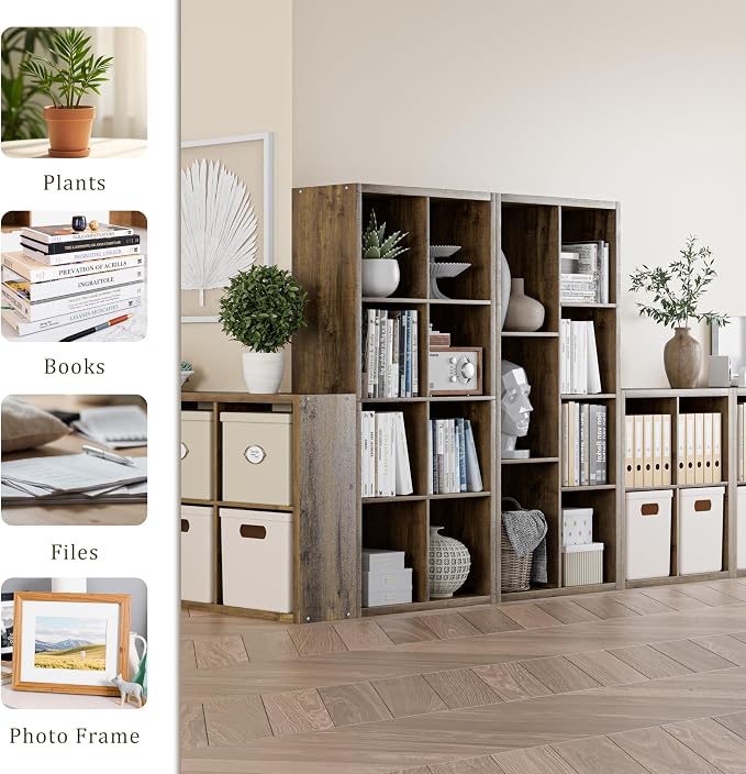 VDNEND Cube Storage Organizer Bookcase, Decorative 11 inch Open Back Cubical Shelf with Thickened Border, Display Bookshelf for Living Room, Home Office, Sturdy Room (Brown, 8 Cube)