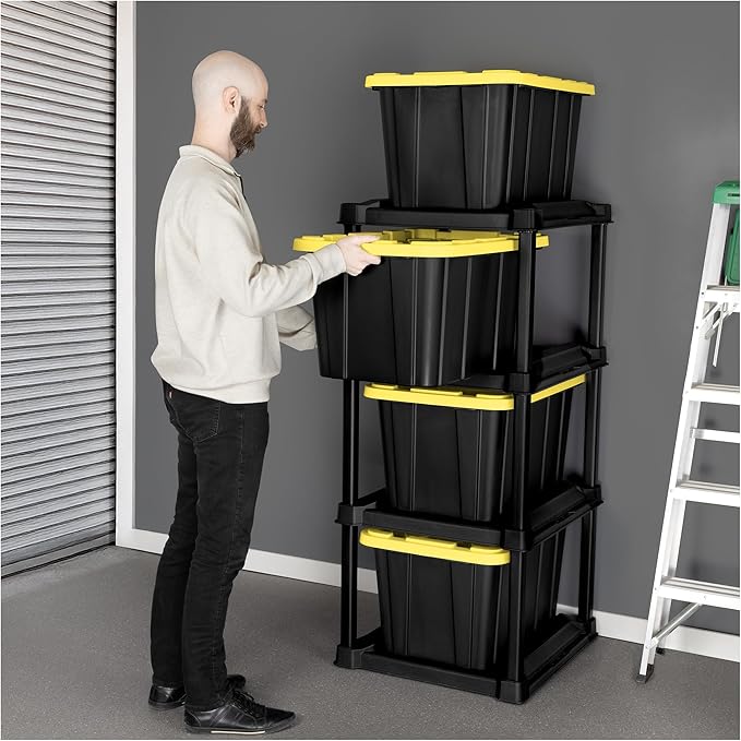 Sterilite 4-Tier Tote Rack with 4-Pack 27 Gallon Industrial Storage Totes | Shelving Unit and Heavy-Duty and Stackable Utility Box Containers for Home, Office, and Basement Organization, Black/Yellow