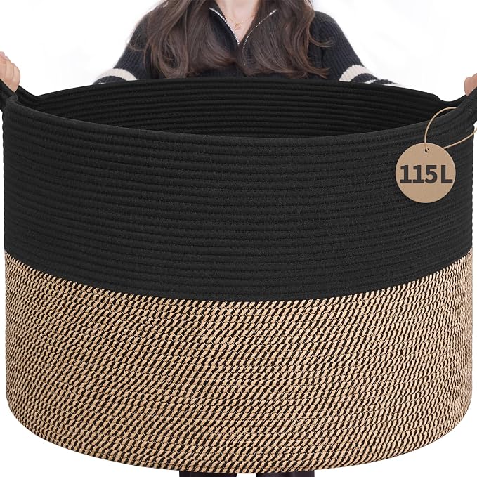 INDRESSME 115L Extra Large Woven Rope Blanket Basket Living Room, Mix Black | 23.6" x 15.7" Storage baskets for toys laundry & pillows. Fits living room, bedroom or nursery décor. Soft-touch with handles