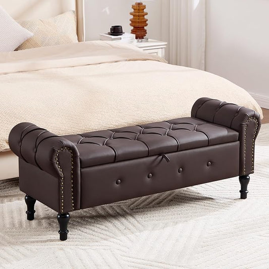 Storage Bench 51" Faux Leather End of Bed Benches Dark Brown | Queen Size Storage Bench for Bedroom with Rolled Arms Tufted Ottoman Benches Upholstered Bench for Living Room Entryway