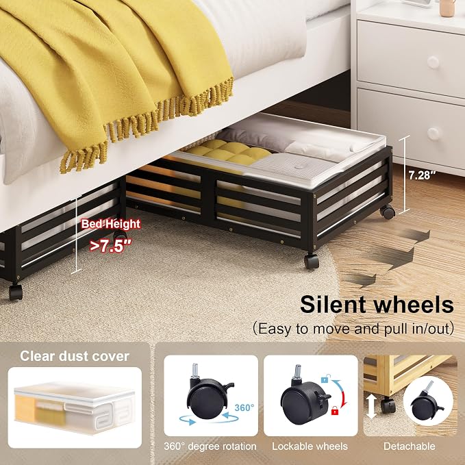 Under Bed Storage with Wheels, 2 Pack Bamboo Drawers for Shoes and Clothes | Fitted dustproof bags, stackable design, smooth pullout access for bedding, blankets, toys and seasonal essentials