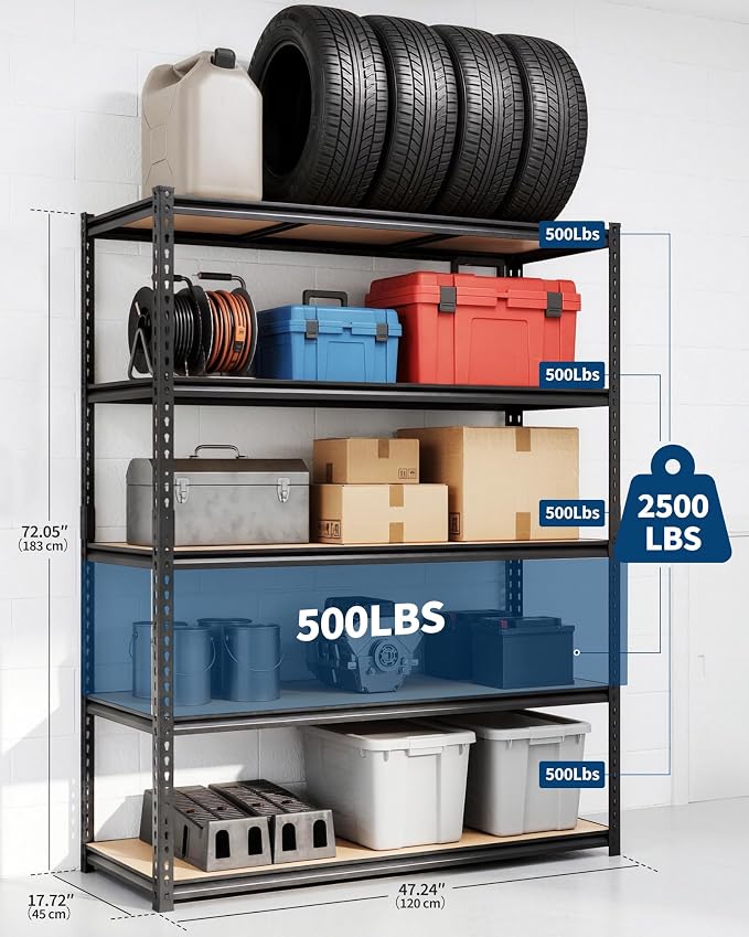 Garvee 5-Tier Storage Shelving Unit, 48" W x 18" D x 72" H, 2500 lbs Load | Carbon Steel Utility Shelves, Adjustable Metal Freestanding Garage Shelf for Pantry, Basement, Warehouse, Heavy Duty