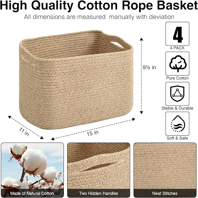 ICERZCZ Storage Baskets for Organizing & Shelves, Woven Cotton Rope Organization Bins for Dog Toys, Clothes, Books, Nursery Organizer, 15"Lx11''Wx9.5''H, (4 Packs) Brown