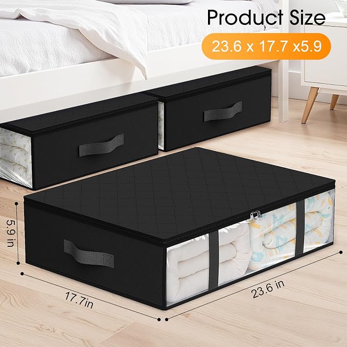 StorageRight Under Bed Storage Bags, 8 Pack, 40L, Black | Breathable Non-Woven Fabric with a Clear Window and Zippered Top for Clothes, Comforters, Blankets and Seasonal Storage