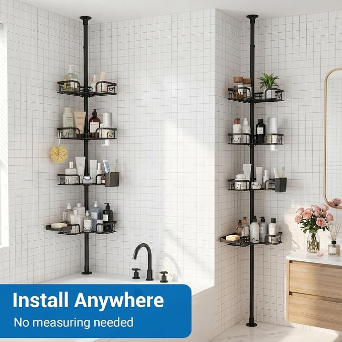 4-Tier Corner Shower Caddy Tension Pole, Floor to Ceiling Shower Corner Shelf Organizer with Soap Hold No-Drill 23.6-114.5 Inch